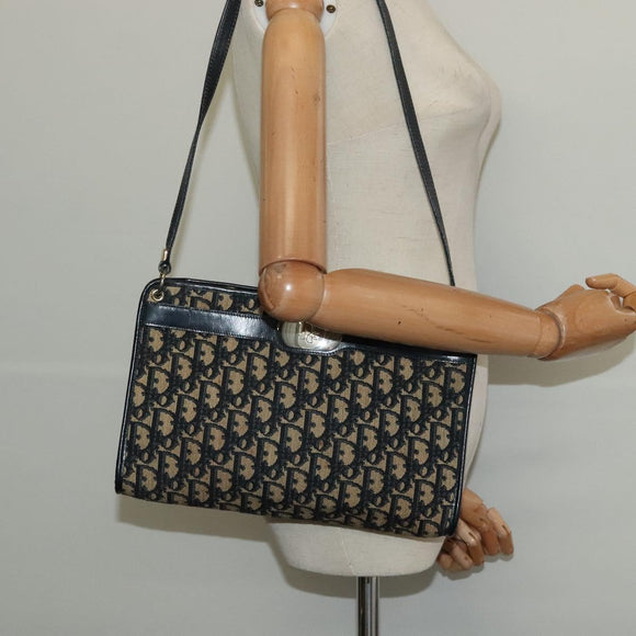 Christian Dior Trotter Canvas Shoulder Bag Navy Gold Auth 120603