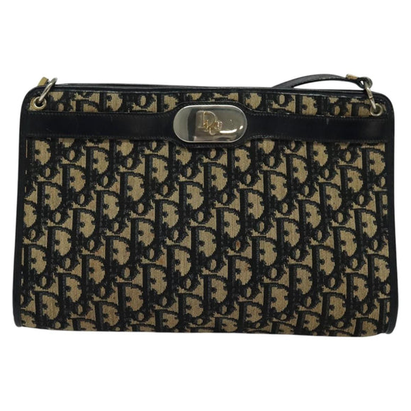 Christian Dior Trotter Canvas Shoulder Bag Navy Gold Auth 120603