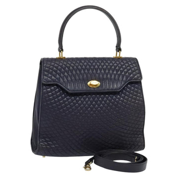 BALLY Hand Bag Leather 2way Navy Gold Auth 120604