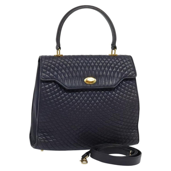 BALLY Hand Bag Leather 2way Navy Gold Auth 120604