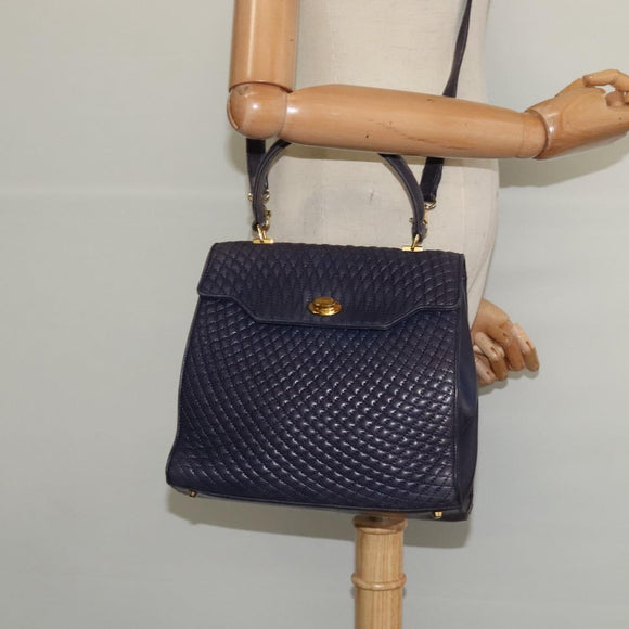 BALLY Hand Bag Leather 2way Navy Gold Auth 120604