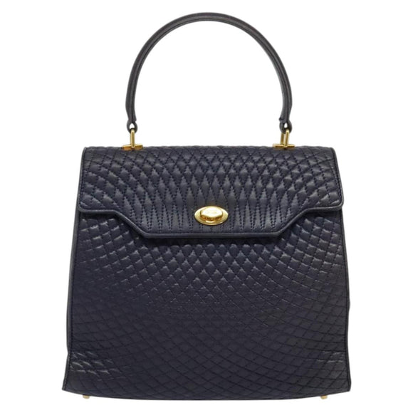 BALLY Hand Bag Leather 2way Navy Gold Auth 120604