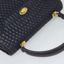 BALLY Hand Bag Leather 2way Navy Gold Auth 120604-6