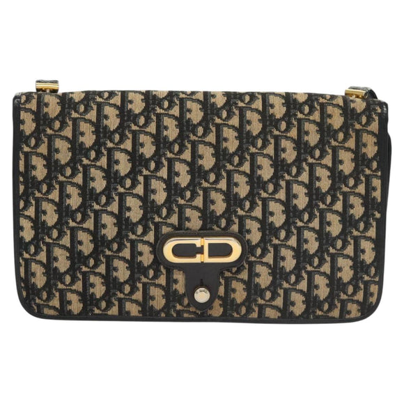 Christian Dior Trotter Canvas Shoulder Bag Navy Gold Auth 120610