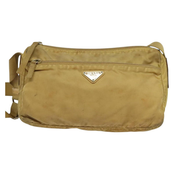 PRADA Shoulder Bag Nylon Beige Silver Auth 120621