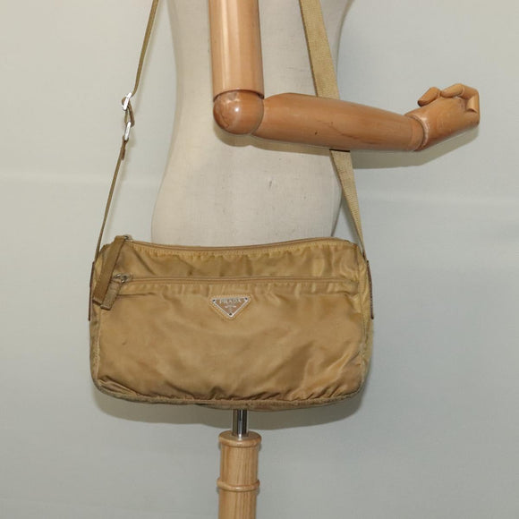 PRADA Shoulder Bag Nylon Beige Silver Auth 120621