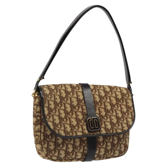 Christian Dior Trotter Canvas Shoulder Bag Brown Gold Auth 120625