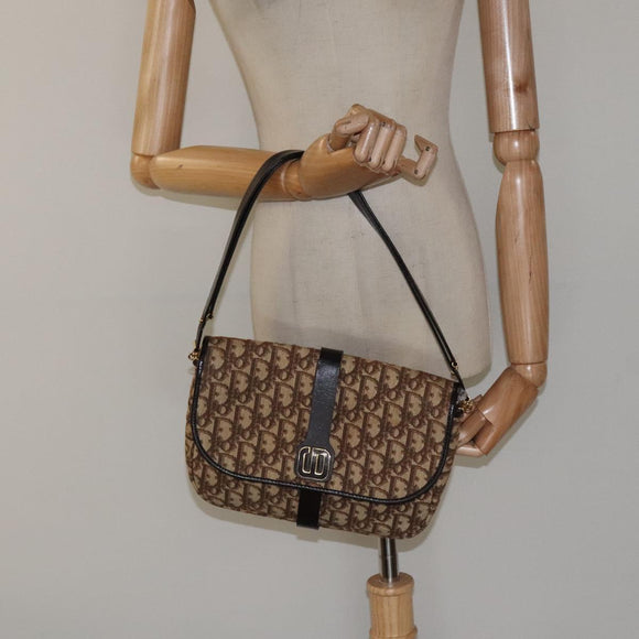 Christian Dior Trotter Canvas Shoulder Bag Brown Gold Auth 120625