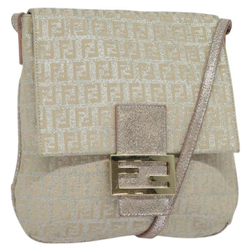 FENDI Zucchino Canvas Shoulder Bag Silver Gold Auth 120637
