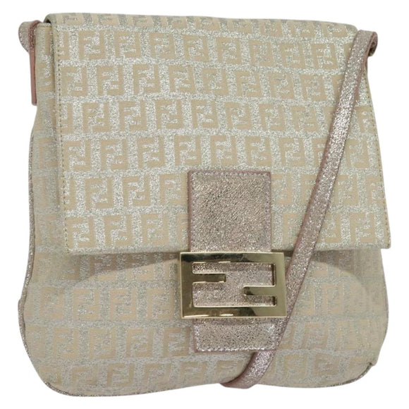 FENDI Zucchino Canvas Shoulder Bag Silver Gold Auth 120637