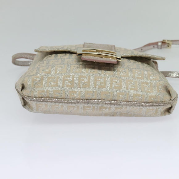 FENDI Zucchino Canvas Shoulder Bag Silver Gold Auth 120637
