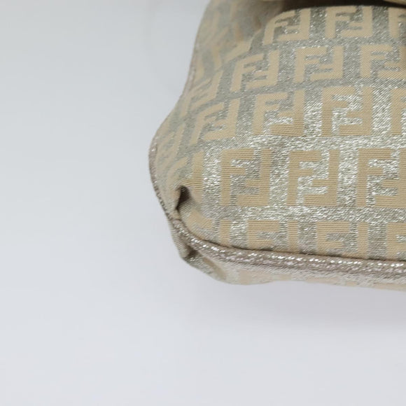 FENDI Zucchino Canvas Shoulder Bag Silver Gold Auth 120637