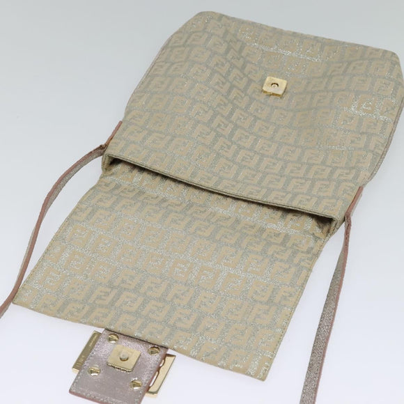 FENDI Zucchino Canvas Shoulder Bag Silver Gold Auth 120637