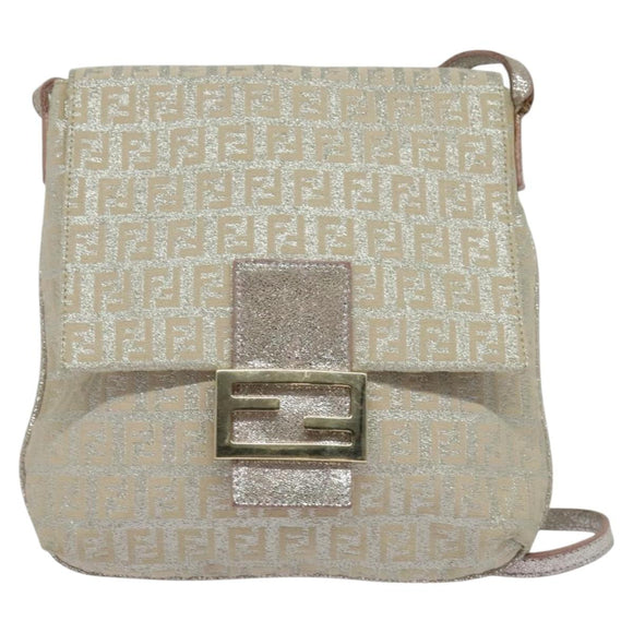 FENDI Zucchino Canvas Shoulder Bag Silver Gold Auth 120637