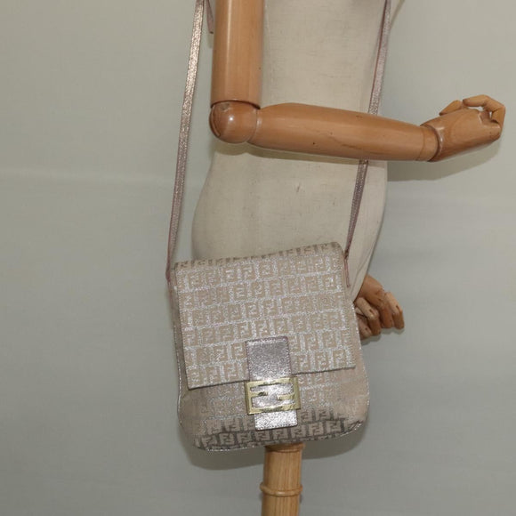 FENDI Zucchino Canvas Shoulder Bag Silver Gold Auth 120637
