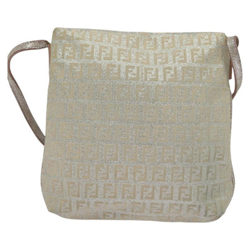 FENDI Zucchino Canvas Shoulder Bag Silver Gold Auth 120637 - 0