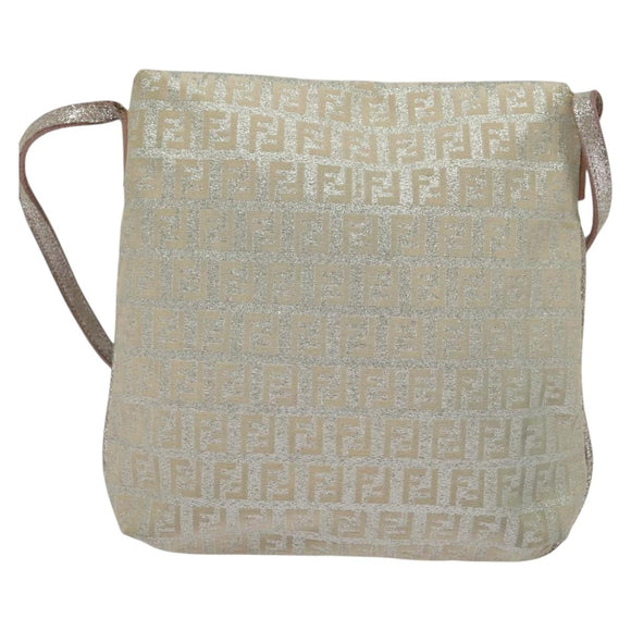 FENDI Zucchino Canvas Shoulder Bag Silver Gold Auth 120637