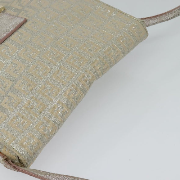 FENDI Zucchino Canvas Shoulder Bag Silver Gold Auth 120637