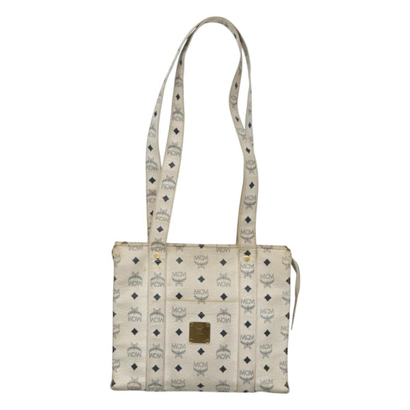 MCM Logogram Vicetos Tote Bag PVC Leather White Gold Auth 120736