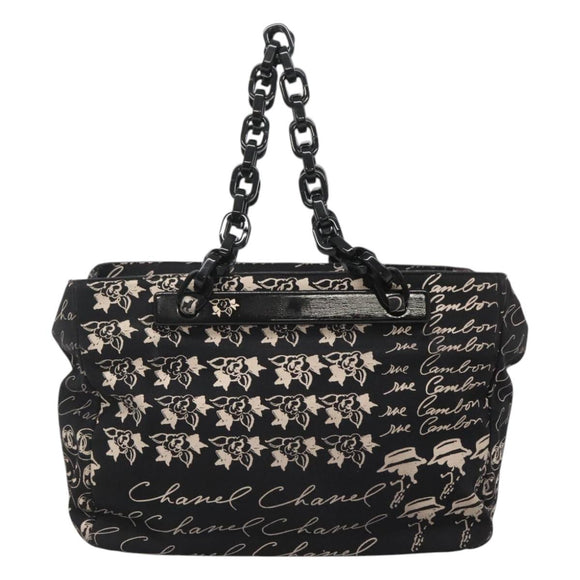 CHANEL Chain Tote Bag Canvas Black CC Auth 120748