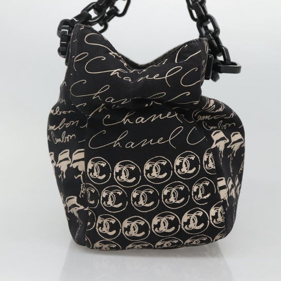 CHANEL Chain Tote Bag Canvas Black CC Auth 120748