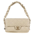 CHANEL Wild Stitch Shoulder Bag Lamb Skin Cream Gold CC Auth 120752-1