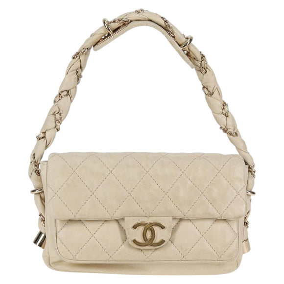 CHANEL Wild Stitch Shoulder Bag Lamb Skin Cream Gold CC Auth 120752
