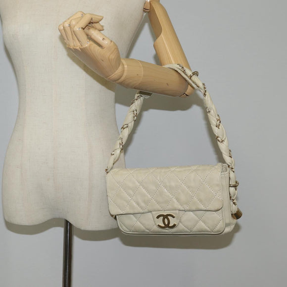 CHANEL Wild Stitch Shoulder Bag Lamb Skin Cream Gold CC Auth 120752