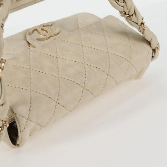 CHANEL Wild Stitch Shoulder Bag Lamb Skin Cream Gold CC Auth 120752