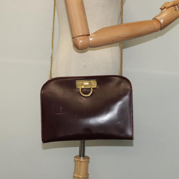 Salvatore Ferragamo Chain Gancini Shoulder Bag Leather Brown Gold Auth 120811