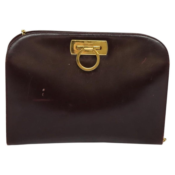 Salvatore Ferragamo Chain Gancini Shoulder Bag Leather Brown Gold Auth 120811