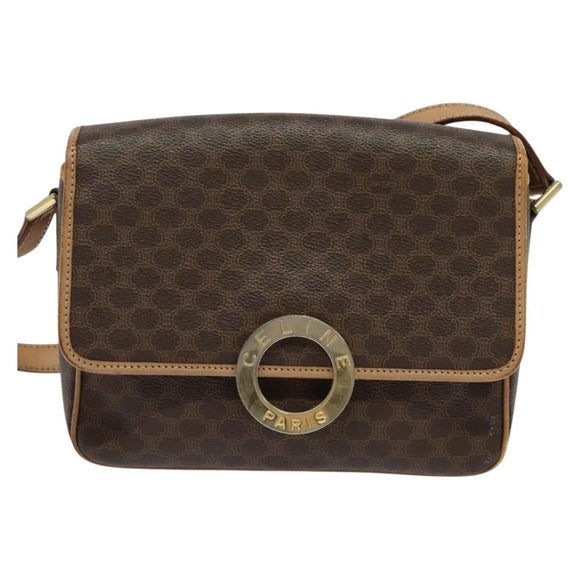 CELINE Macadam Canvas Circle Shoulder Bag PVC Leather Brown Gold Auth 120820