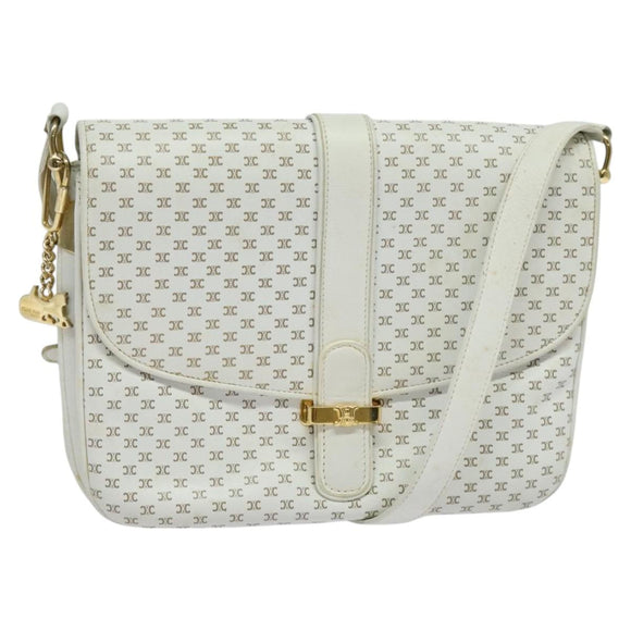 CELINE Macadam Canvas Shoulder Bag White Gold Auth 120821