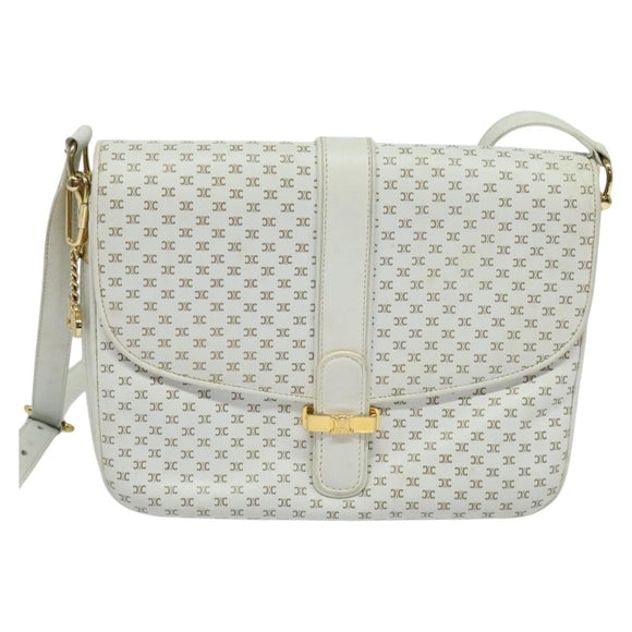 CELINE Macadam Canvas Shoulder Bag White Gold Auth 120821