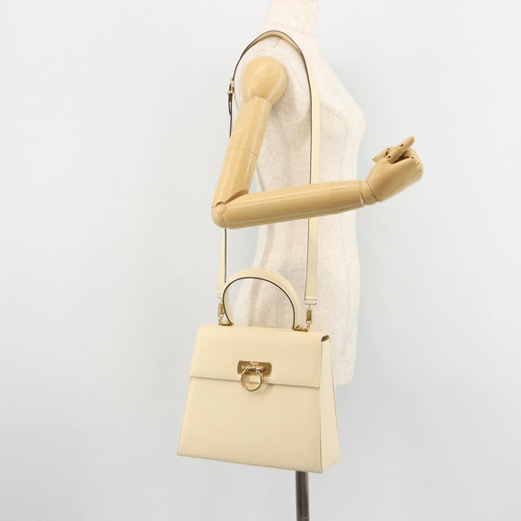 Salvatore Ferragamo Gancini Hand Bag Leather 2way Cream Gold Auth 120844