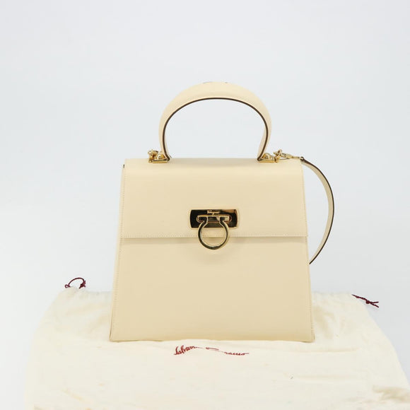 Salvatore Ferragamo Gancini Hand Bag Leather 2way Cream Gold Auth 120844