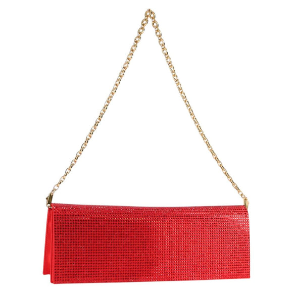Salvatore Ferragamo Chain Swarovski Shoulder Bag Satin Red Gold Auth 120862V