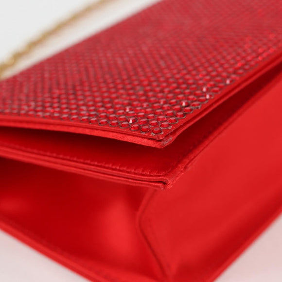 Salvatore Ferragamo Chain Swarovski Shoulder Bag Satin Red Gold Auth 120862V