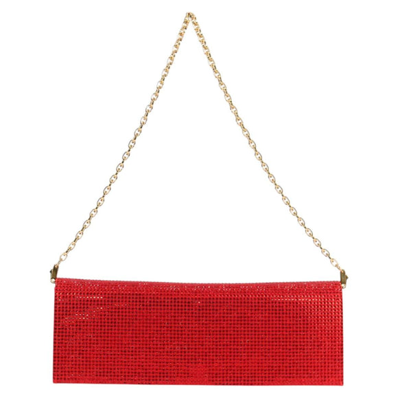 Salvatore Ferragamo Chain Swarovski Shoulder Bag Satin Red Gold Auth 120862V