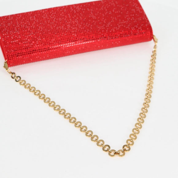 Salvatore Ferragamo Chain Swarovski Shoulder Bag Satin Red Gold Auth 120862V