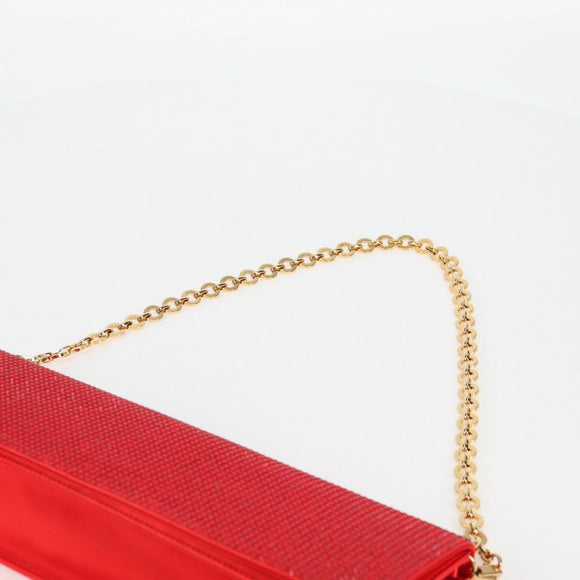 Salvatore Ferragamo Chain Swarovski Shoulder Bag Satin Red Gold Auth 120862V