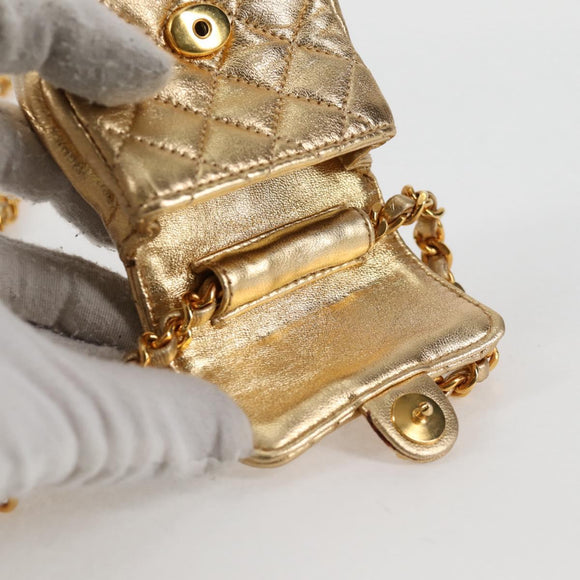 CHANEL Mini Mini Matelasse Chain Bag Lamb Skin Gold Tone CC Auth 120870AV