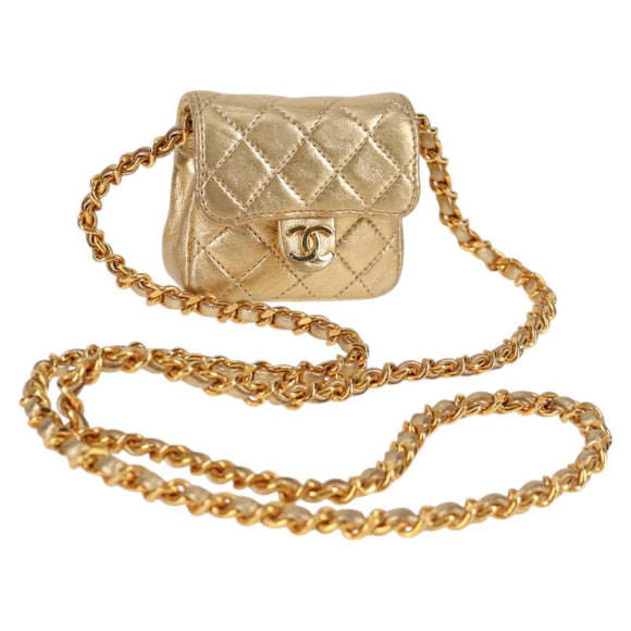 CHANEL Mini Mini Matelasse 7 Chain Bag Lamb Skin Gold Tone CC Auth 120870SAV