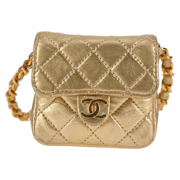 CHANEL Mini Mini Matelasse 7 Chain Bag Lamb Skin Gold Tone CC Auth 120870SAV