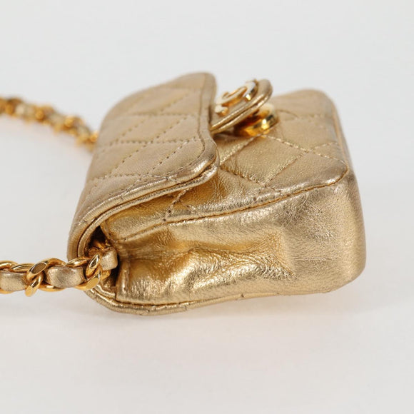 CHANEL Mini Mini Matelasse Chain Bag Lamb Skin Gold Tone CC Auth 120870AV
