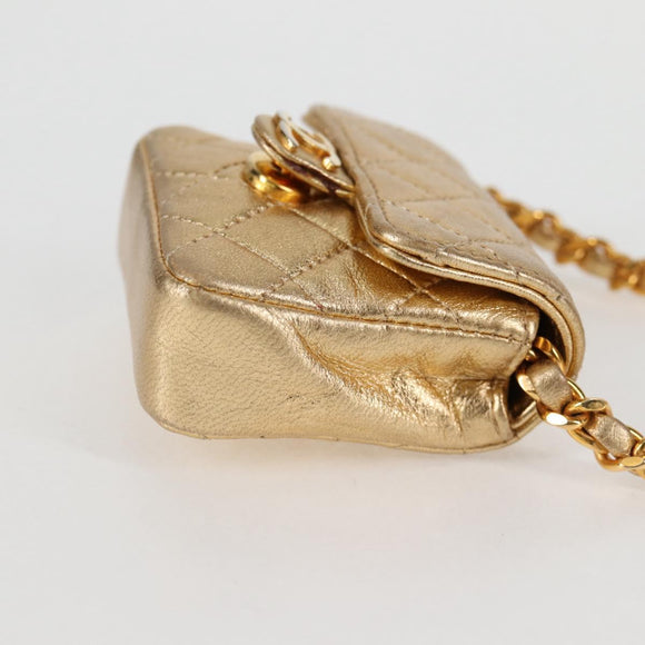 CHANEL Mini Mini Matelasse Chain Bag Lamb Skin Gold Tone CC Auth 120870AV