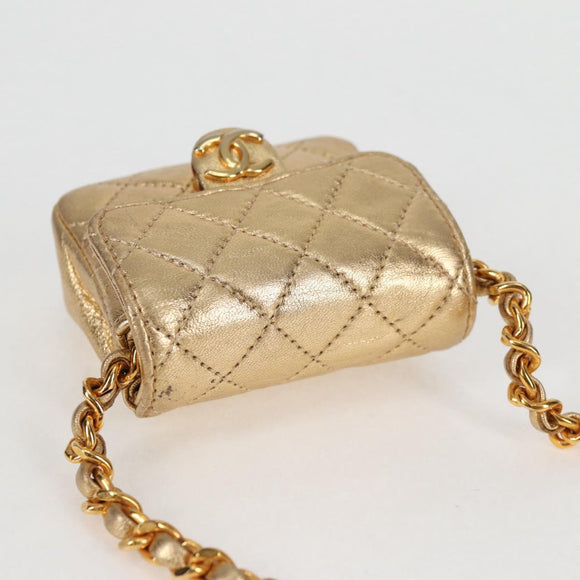 CHANEL Mini Mini Matelasse Chain Bag Lamb Skin Gold Tone CC Auth 120870AV