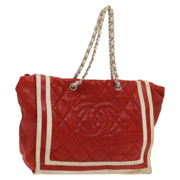 CHANEL Matelasse Chain Tote Bag Lamb Skin Red Silver CC Auth 120921
