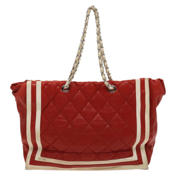 CHANEL Matelasse Chain Tote Bag Lamb Skin Red Silver CC Auth 120921 - 0