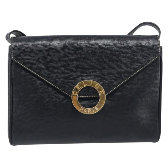 CELINE Circle Hand Bag Leather Black Gold Auth 120926